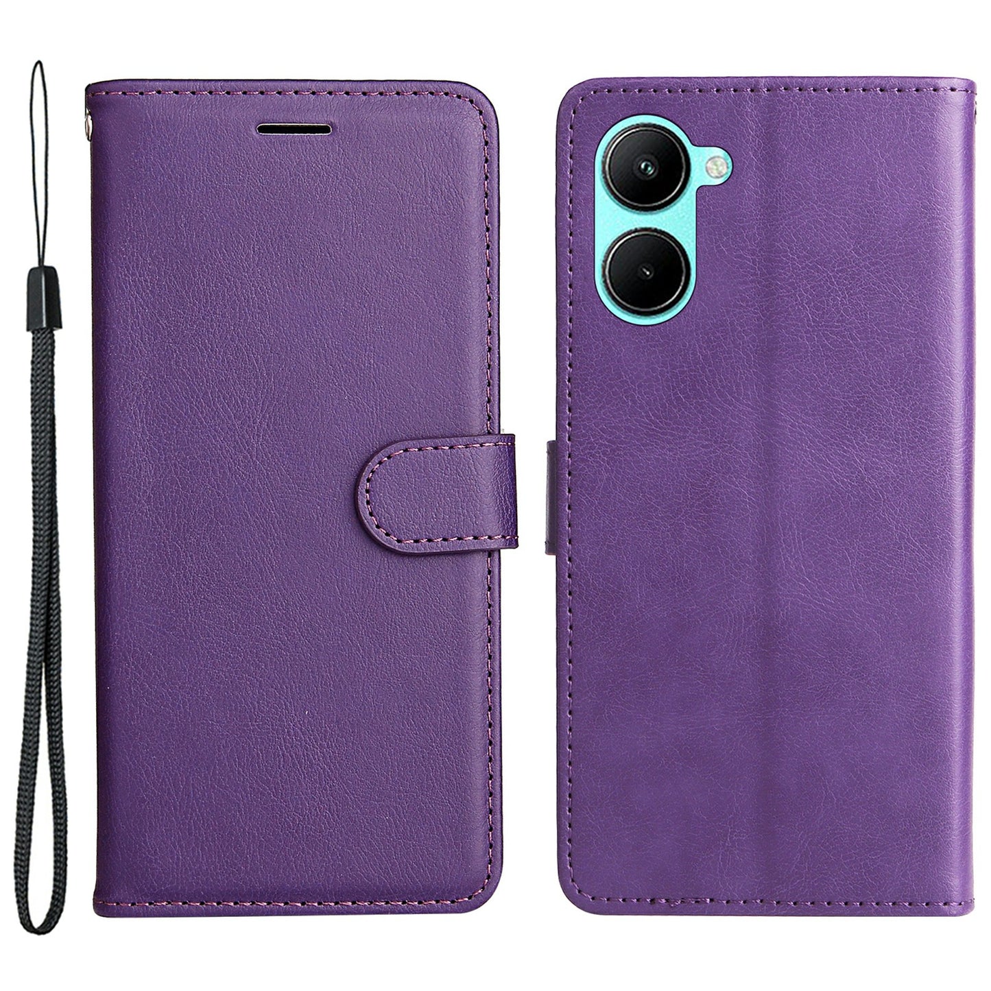 KT Leather Series-2 for Realme C33 2023 4G / C33 4G Solid Color Phone Case Wallet Stand Leather Phone Cover with Strap