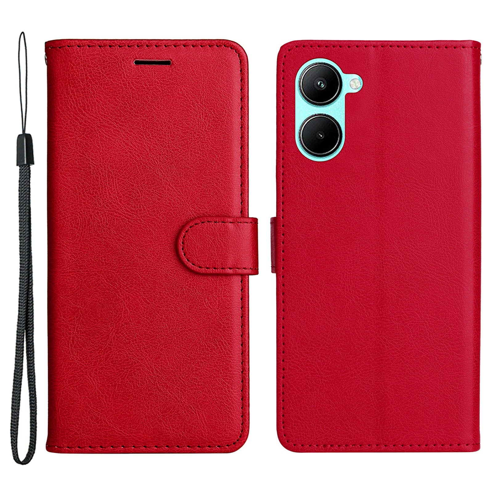 KT Leather Series-2 for Realme C33 2023 4G / C33 4G Solid Color Phone Case Wallet Stand Leather Phone Cover with Strap