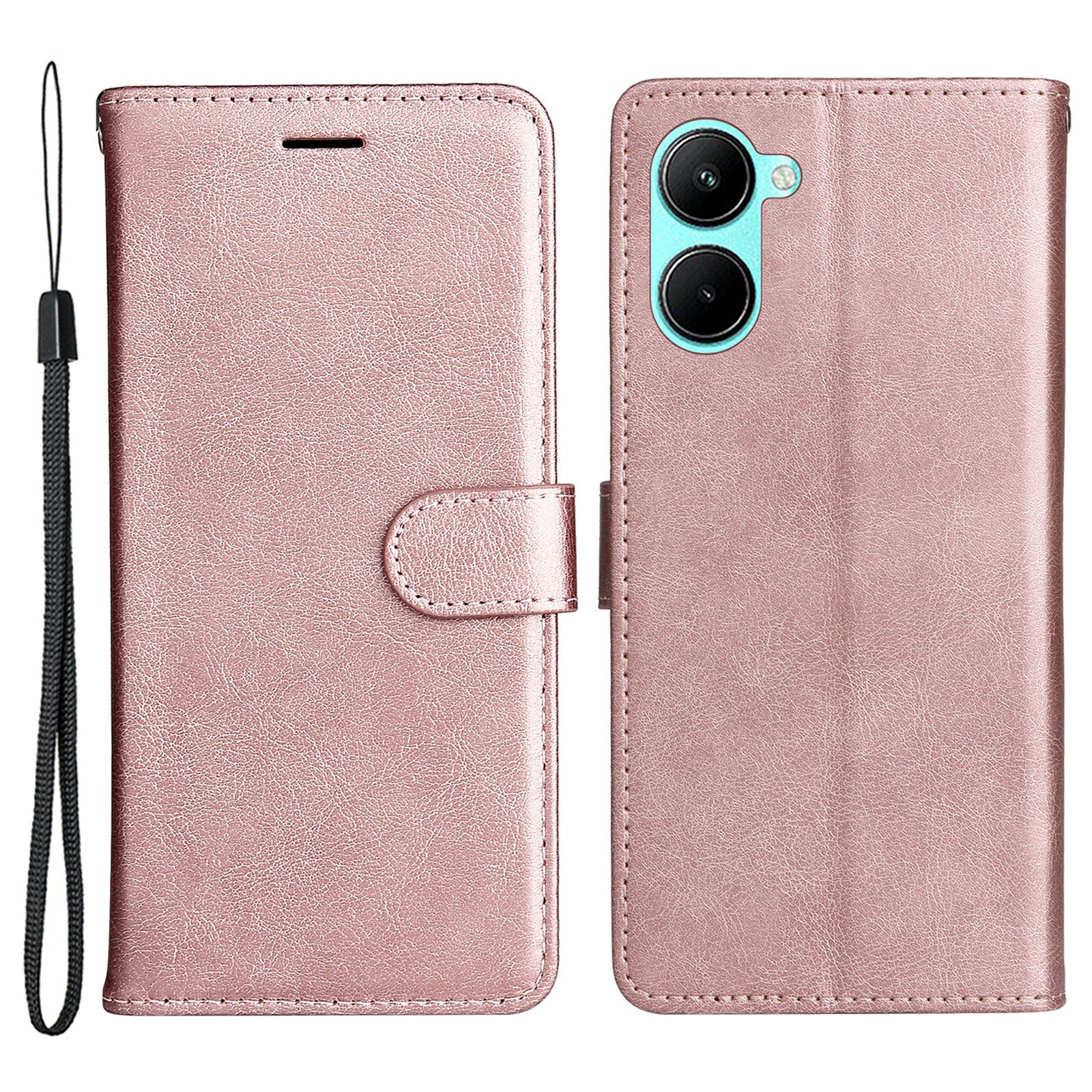 KT Leather Series-2 for Realme C33 2023 4G / C33 4G Solid Color Phone Case Wallet Stand Leather Phone Cover with Strap