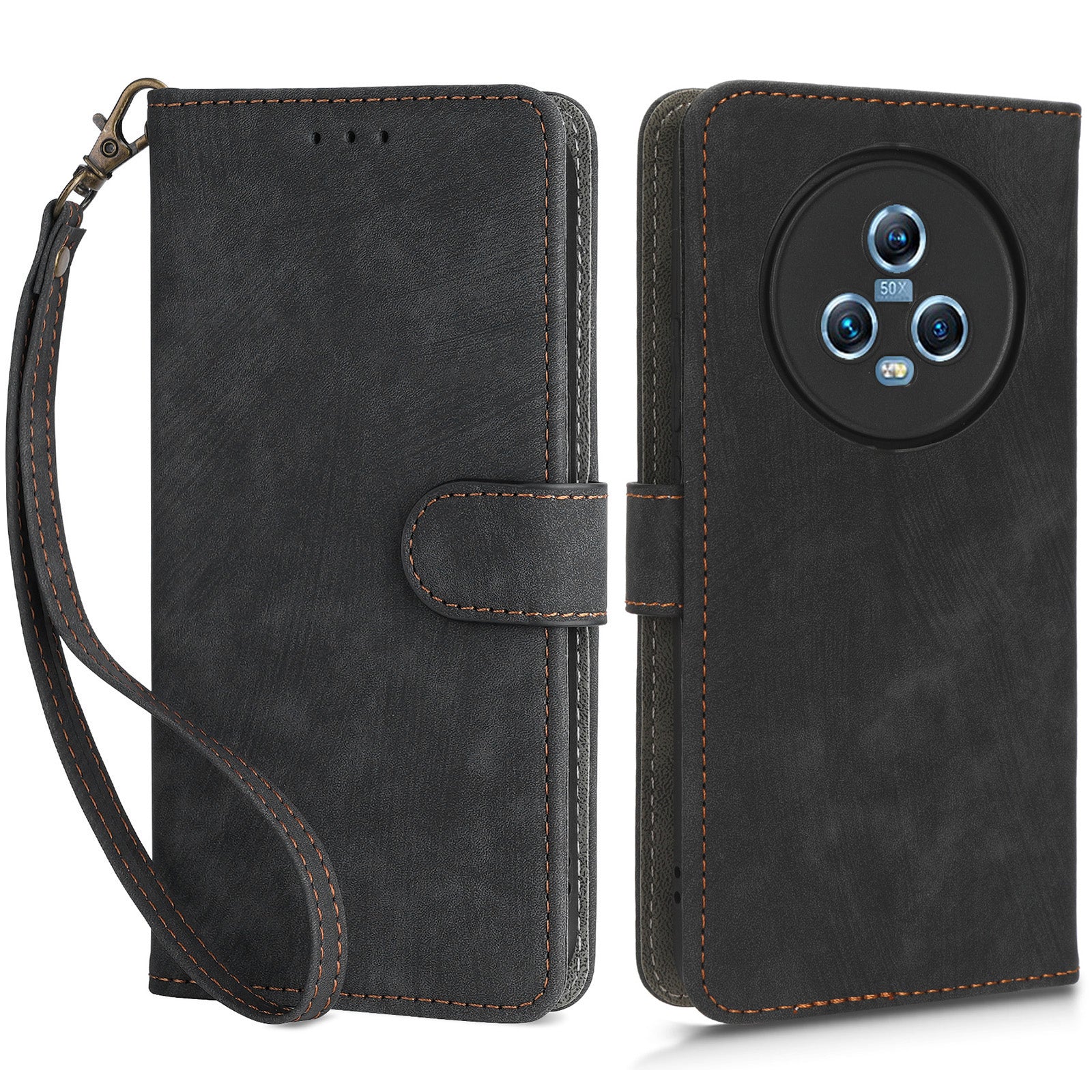 Wallet Phone Case for Honor Magic5 , RFID Blocking Leather Stand Phone Cover with Strap