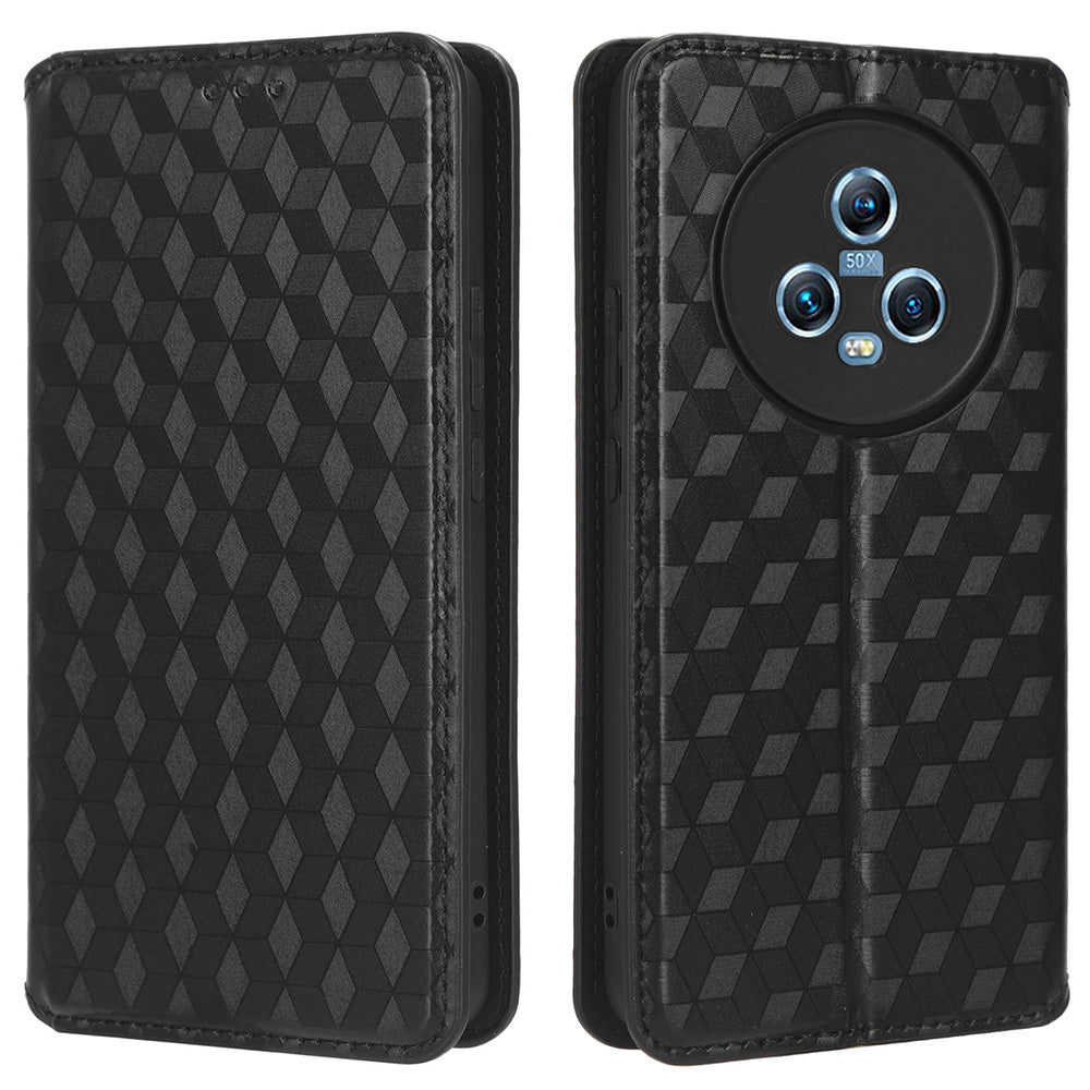 For Honor Magic5 Cell Phone Leather Case Wallet Stand Imprinted Rhombus Pattern Phone Cover