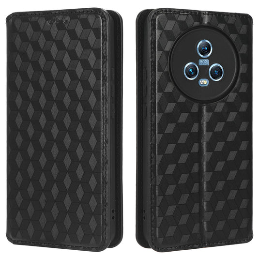 For Honor Magic5 Cell Phone Leather Case Wallet Stand Imprinted Rhombus Pattern Phone Cover