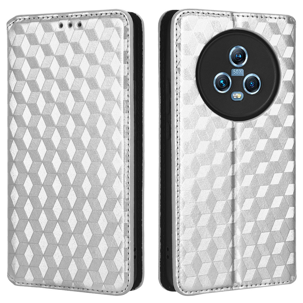 For Honor Magic5 Cell Phone Leather Case Wallet Stand Imprinted Rhombus Pattern Phone Cover