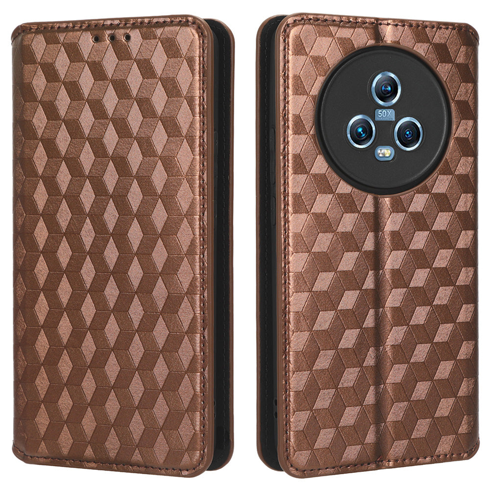 For Honor Magic5 Cell Phone Leather Case Wallet Stand Imprinted Rhombus Pattern Phone Cover
