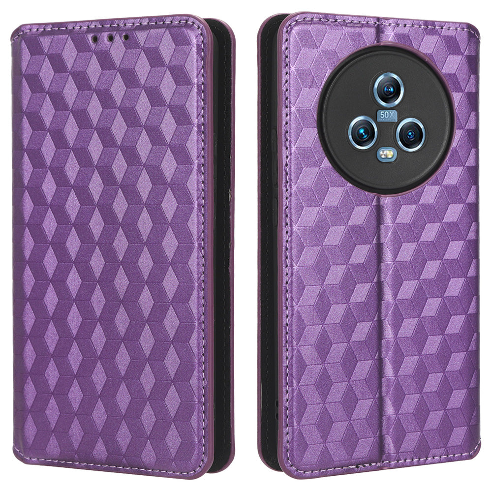 For Honor Magic5 Cell Phone Leather Case Wallet Stand Imprinted Rhombus Pattern Phone Cover