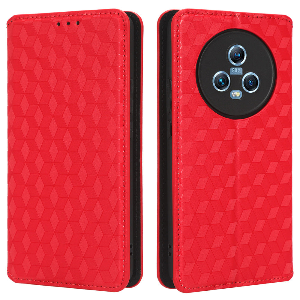 For Honor Magic5 Cell Phone Leather Case Wallet Stand Imprinted Rhombus Pattern Phone Cover