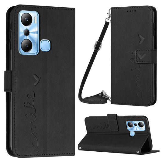 For Infinix Hot 20i 4G PU Leather Phone Case Heart Shape Phone Wallet Stand Cover with Shoulder Strap