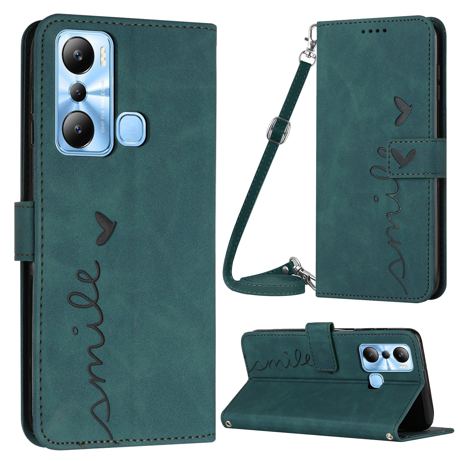 For Infinix Hot 20i 4G PU Leather Phone Case Heart Shape Phone Wallet Stand Cover with Shoulder Strap