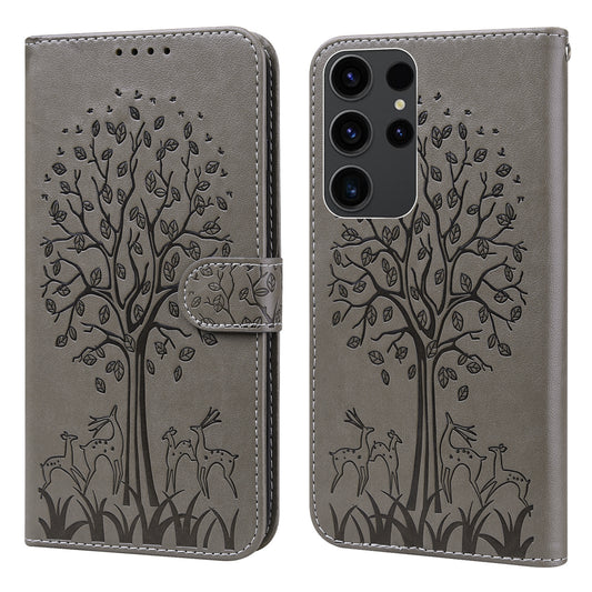 For Samsung Galaxy S23 Ultra Phone Case PU Leather Deer Tree Pattern Stand Flip Wallet Cover