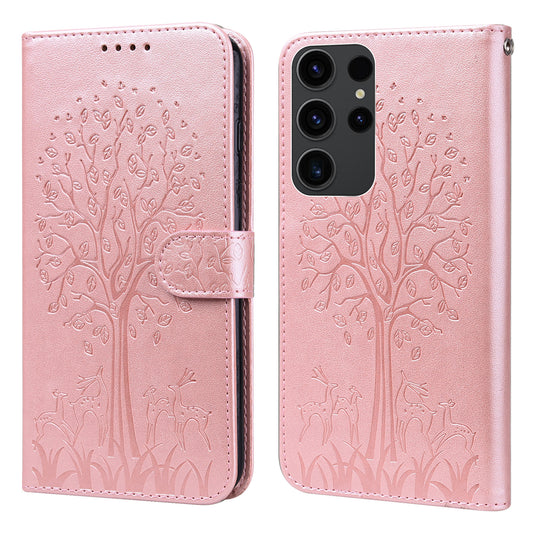 For Samsung Galaxy S23 Ultra Phone Case PU Leather Deer Tree Pattern Stand Flip Wallet Cover