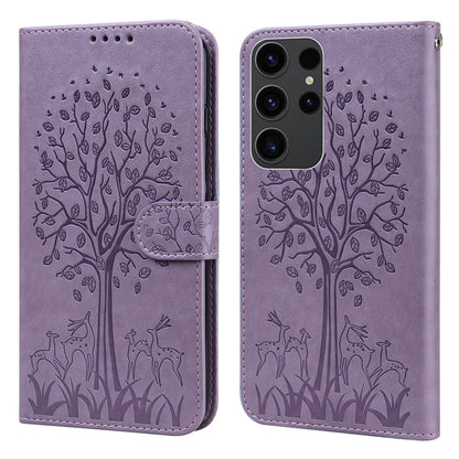 For Samsung Galaxy S23 Ultra Phone Case PU Leather Deer Tree Pattern Stand Flip Wallet Cover