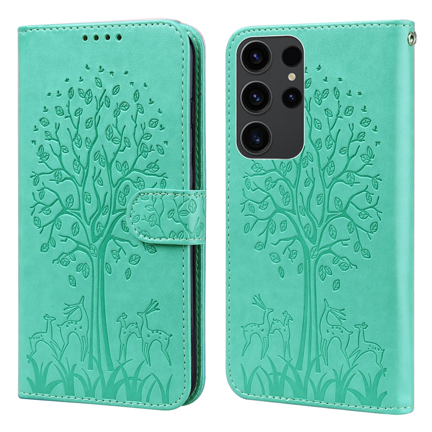 For Samsung Galaxy S23 Ultra Phone Case PU Leather Deer Tree Pattern Stand Flip Wallet Cover
