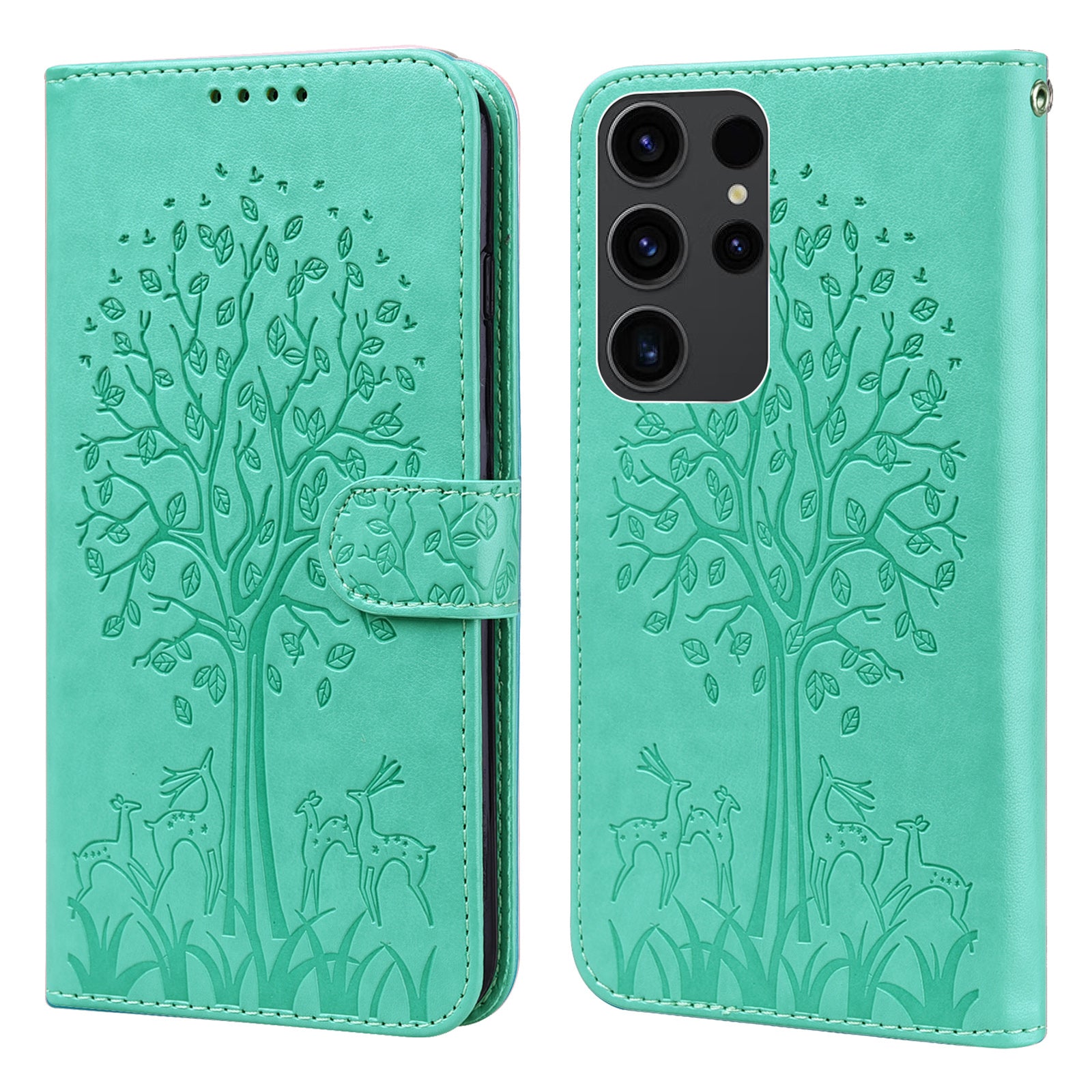 For Samsung Galaxy S23 Ultra Phone Case PU Leather Deer Tree Pattern Stand Flip Wallet Cover