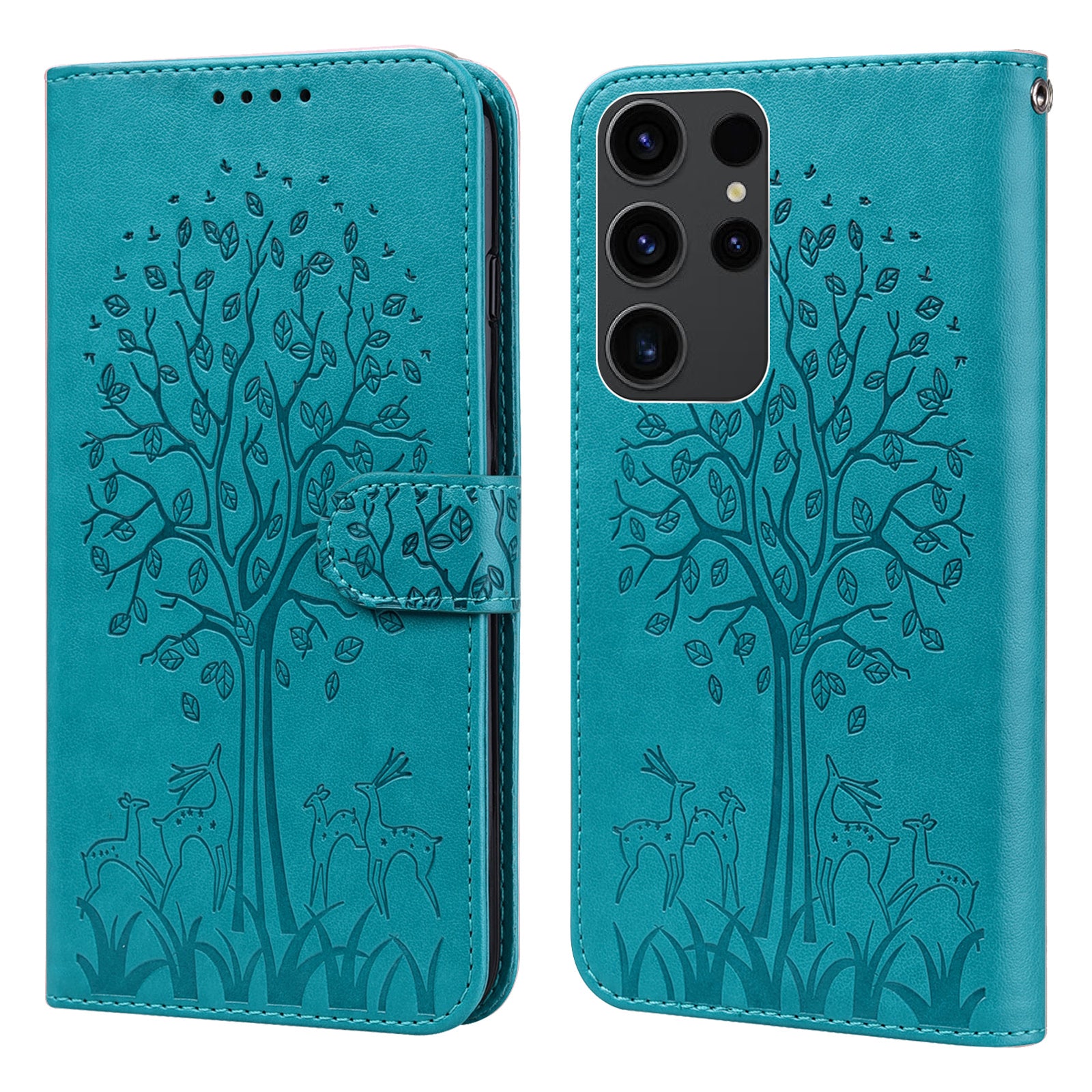 For Samsung Galaxy S23 Ultra Phone Case PU Leather Deer Tree Pattern Stand Flip Wallet Cover