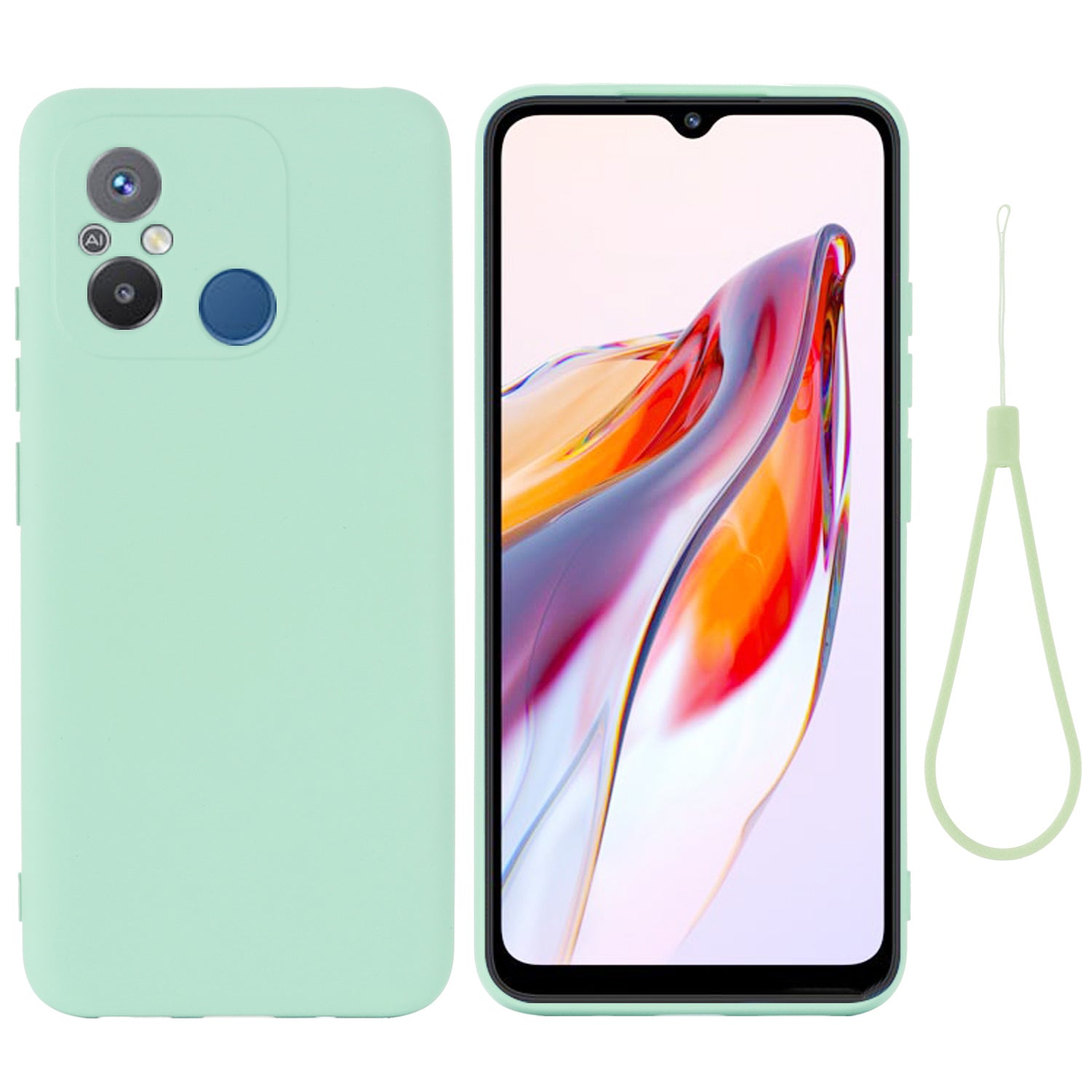 For Xiaomi Redmi 11A 4G / Redmi 12C 4G / Poco C55 4G Shockproof Phone Shell Liquid Silicone Soft Lining Protective Cover with Strap