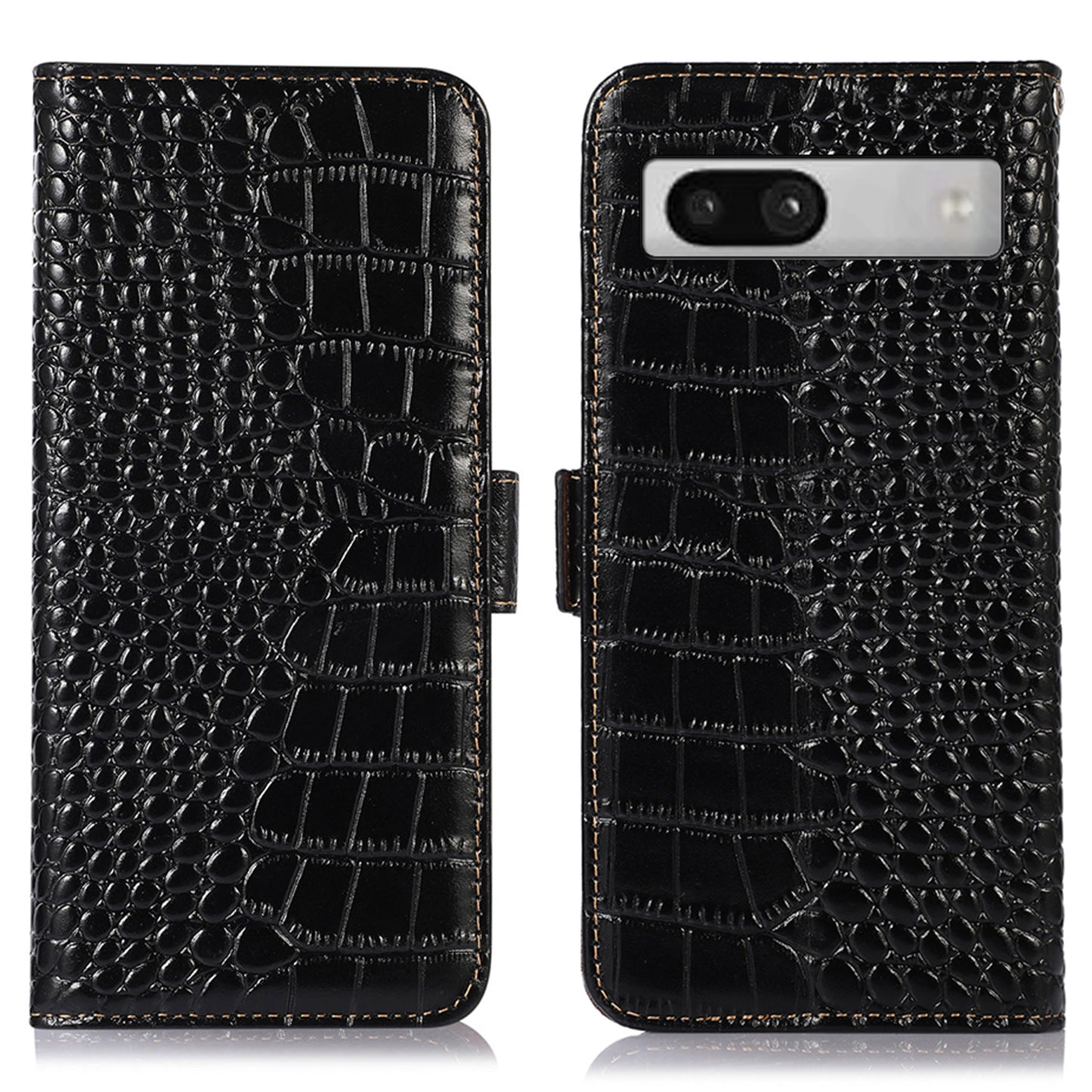 RFID Blocking Phone Stand Case for Google Pixel 7a , Genuine Cowhide Leather Smartphone Wallet Cover