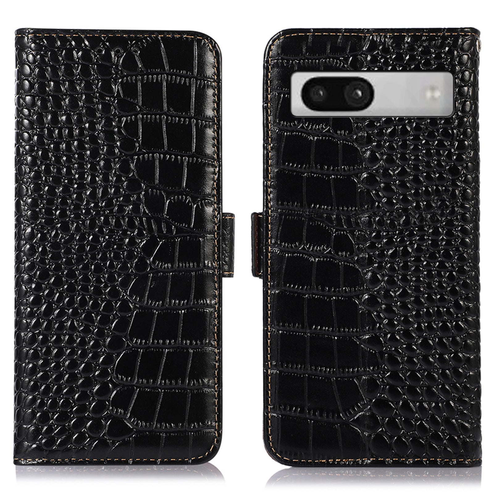 RFID Blocking Phone Stand Case for Google Pixel 7a , Genuine Cowhide Leather Smartphone Wallet Cover