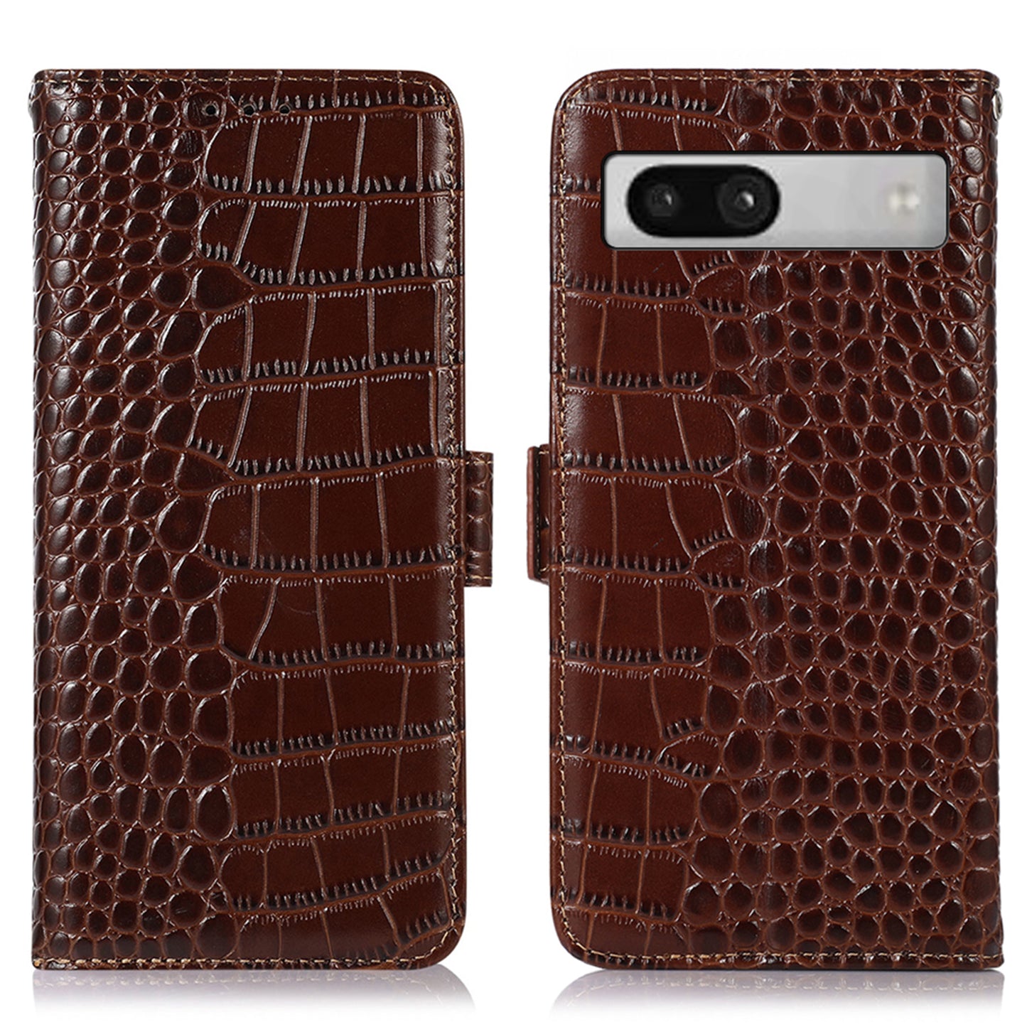 RFID Blocking Phone Stand Case for Google Pixel 7a , Genuine Cowhide Leather Smartphone Wallet Cover