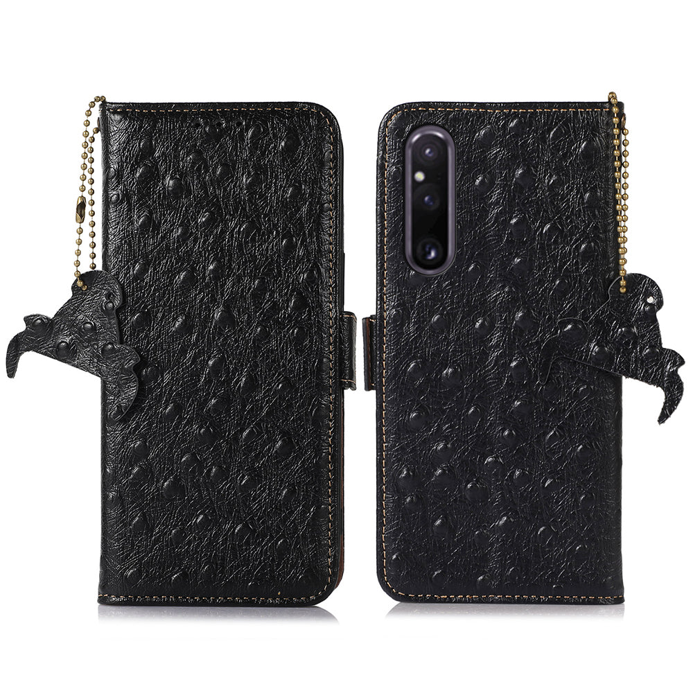 RFID Blocking Wallet Cover for Sony Xperia 1 V , Ostrich Pattern Genuine Cowhide Leather Phone Stand Case