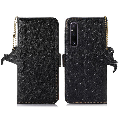 RFID Blocking Wallet Cover for Sony Xperia 1 V , Ostrich Pattern Genuine Cowhide Leather Phone Stand Case
