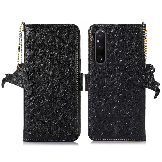 RFID Blocking Wallet Cover for Sony Xperia 1 V , Ostrich Pattern Genuine Cowhide Leather Phone Stand Case