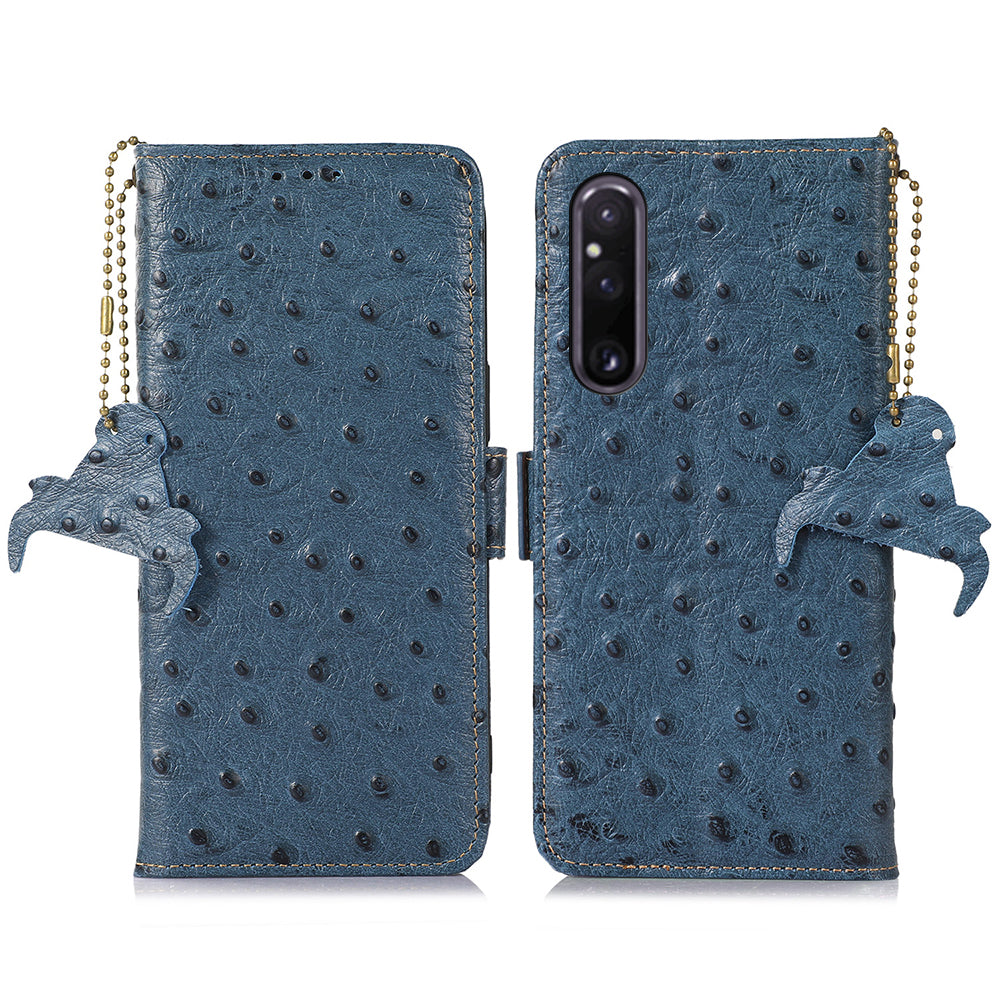 RFID Blocking Wallet Cover for Sony Xperia 1 V , Ostrich Pattern Genuine Cowhide Leather Phone Stand Case