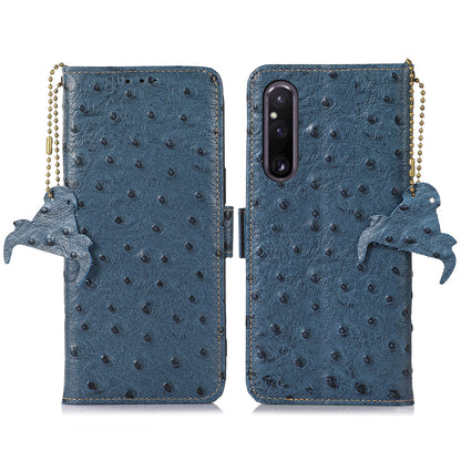 RFID Blocking Wallet Cover for Sony Xperia 1 V , Ostrich Pattern Genuine Cowhide Leather Phone Stand Case