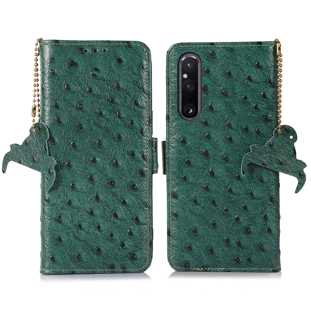 RFID Blocking Wallet Cover for Sony Xperia 1 V , Ostrich Pattern Genuine Cowhide Leather Phone Stand Case