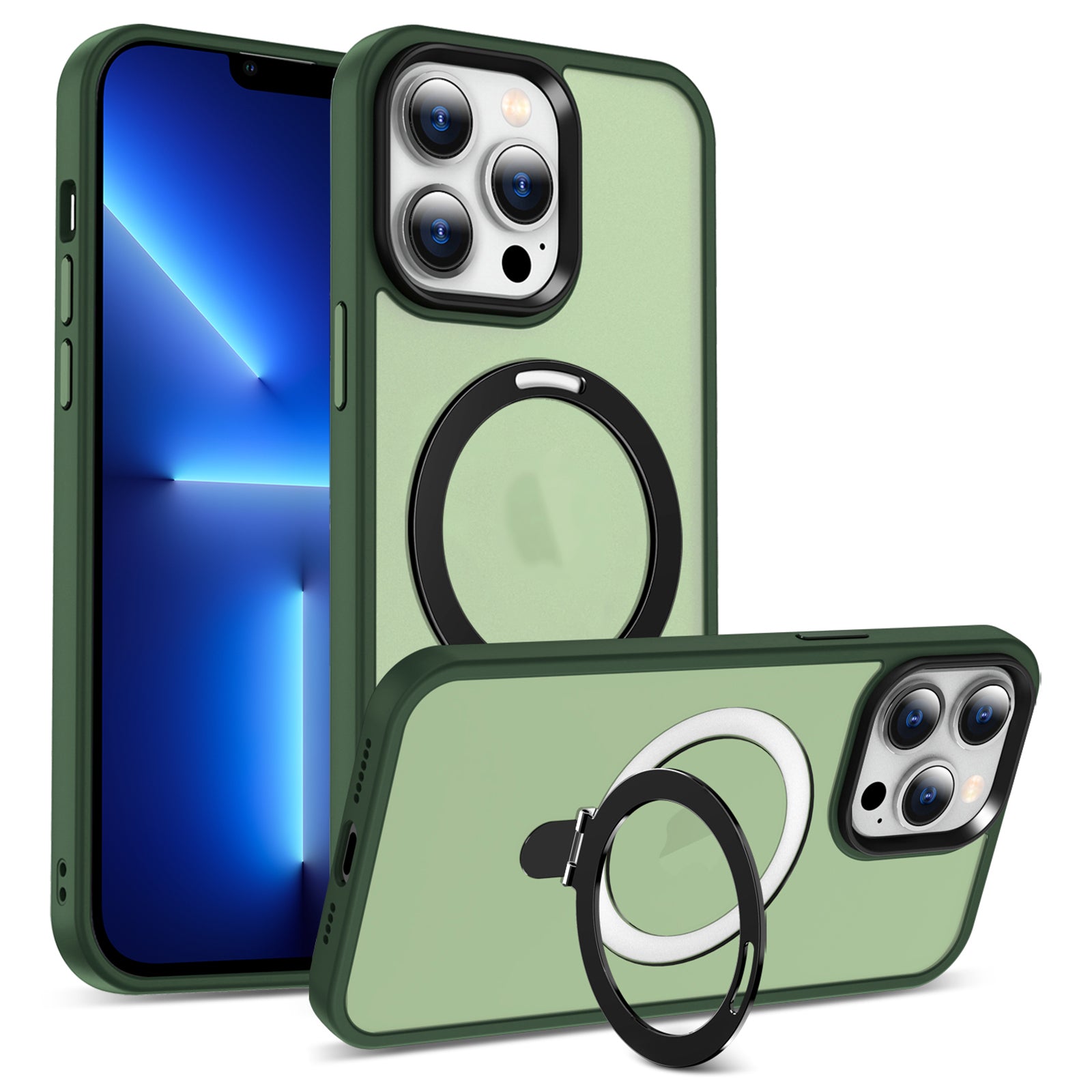 For iPhone 13 Pro 6.1 inch Magnetic Phone Case Compatible with MagSafe PC+TPU Ring Kickstand Cover