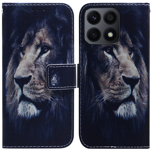 For Honor X8a 4G Shockproof Pattern Printing Phone Case Folio Flip Leather Wallet Shell with Strap