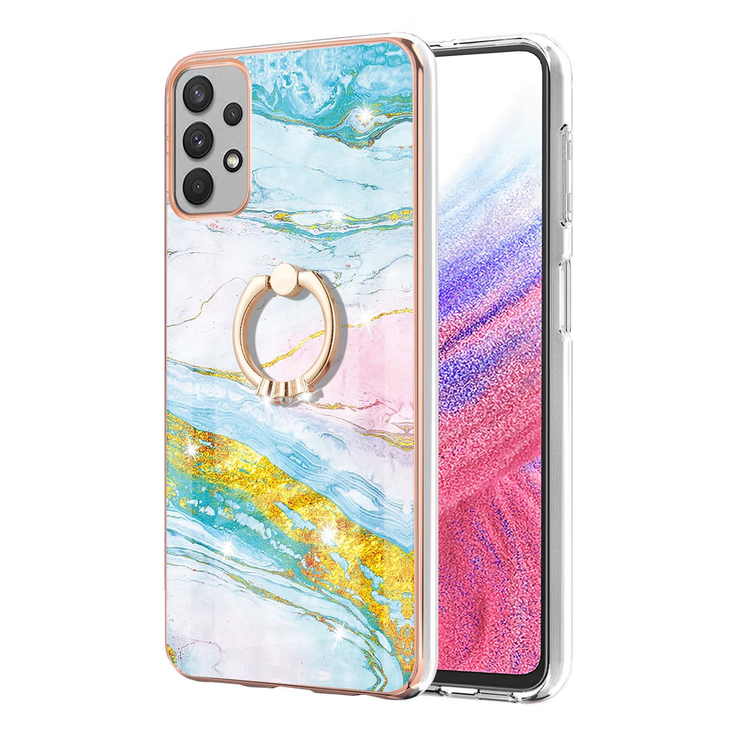 For Samsung Galaxy A53 5G YB IMD Series-10 Marble Pattern Soft TPU Phone Case IMD Electroplating Ring Kickstand Cover