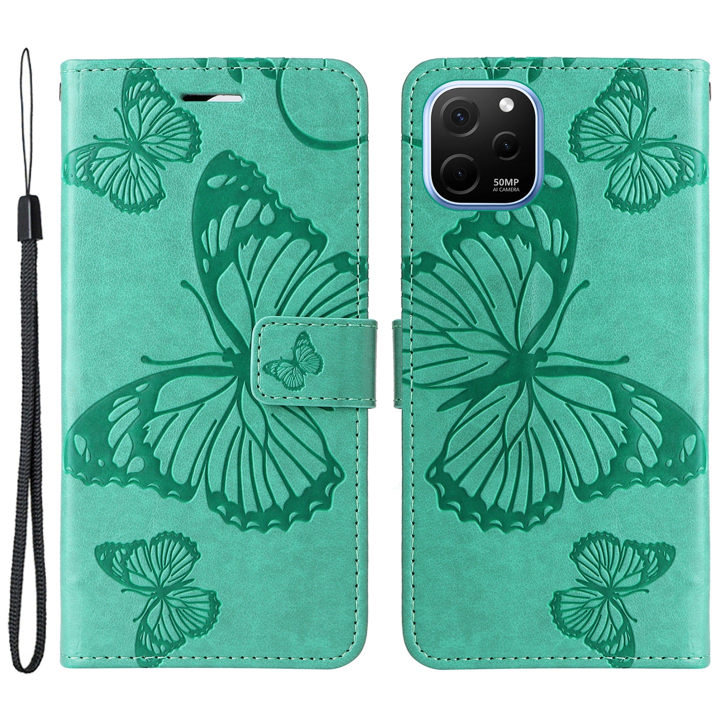 KT Imprinting Flower Series-2 For Huawei nova Y61 4G / Enjoy 50z 4G Stand Wallet Butterfly Flower Imprinted Leather Phone Case with Hand Strap