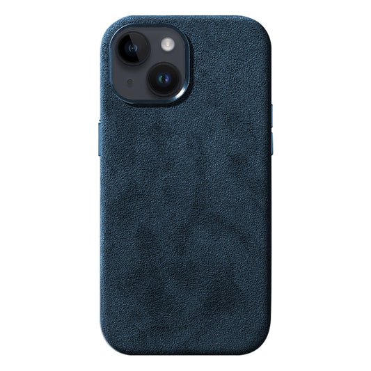 For iPhone 14 Plus Scratch Proof Back Shell Suede Coated PC Phone Case with Metal Button