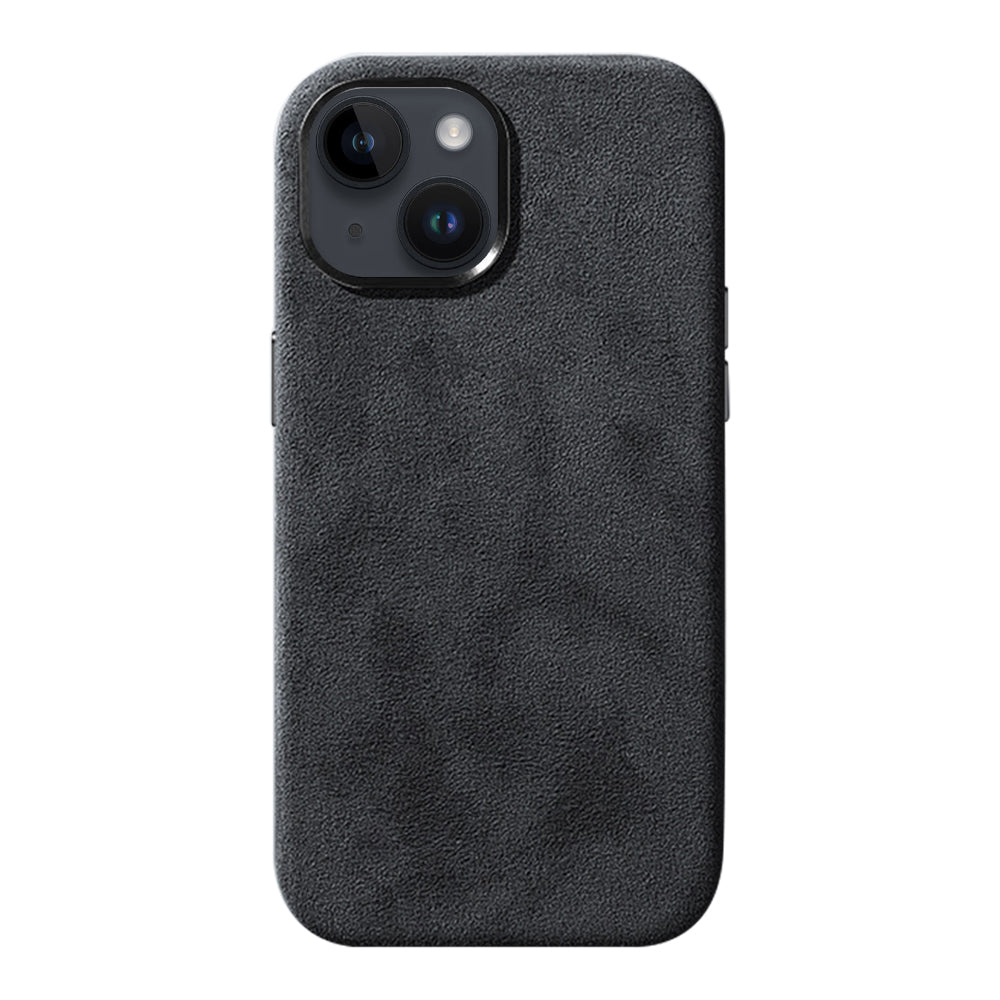 For iPhone 14 Plus Scratch Proof Back Shell Suede Coated PC Phone Case with Metal Button