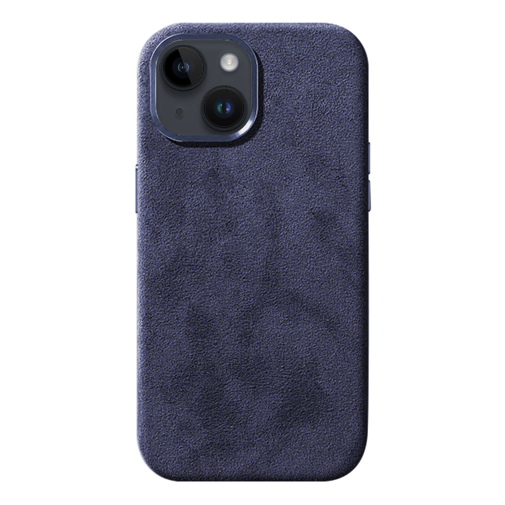 For iPhone 14 Plus Scratch Proof Back Shell Suede Coated PC Phone Case with Metal Button