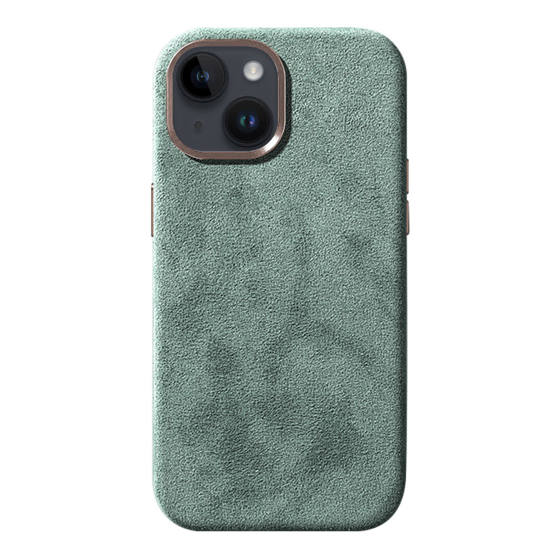 For iPhone 14 Plus Scratch Proof Back Shell Suede Coated PC Phone Case with Metal Button