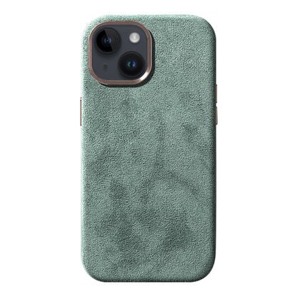 For iPhone 14 Plus Scratch Proof Back Shell Suede Coated PC Phone Case with Metal Button