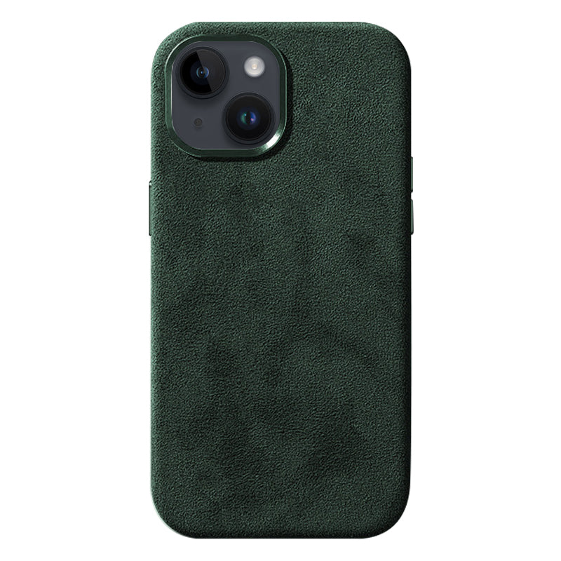 For iPhone 14 Plus Scratch Proof Back Shell Suede Coated PC Phone Case with Metal Button