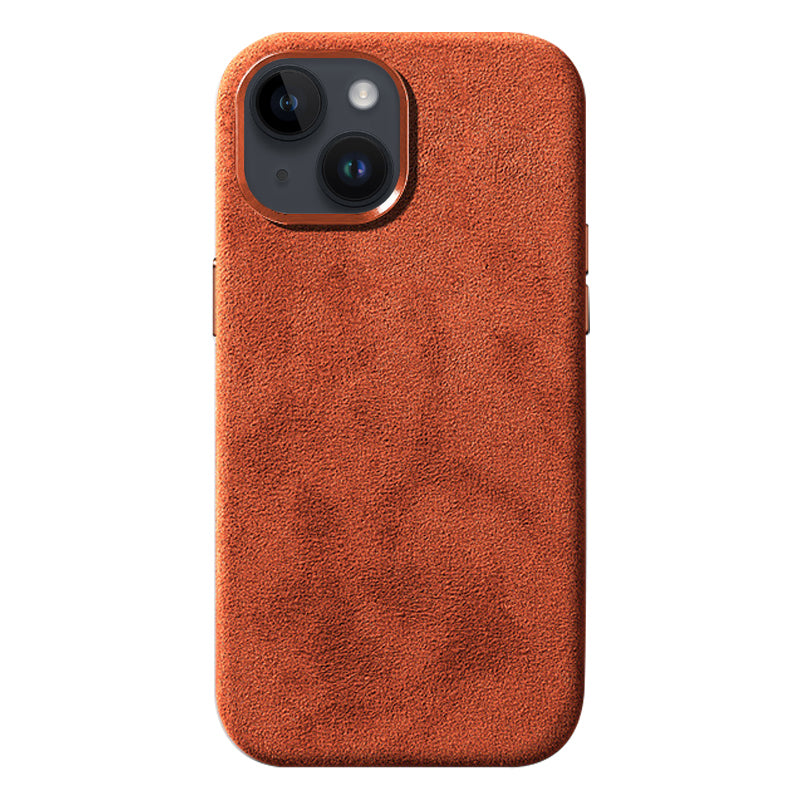 For iPhone 14 Plus Scratch Proof Back Shell Suede Coated PC Phone Case with Metal Button