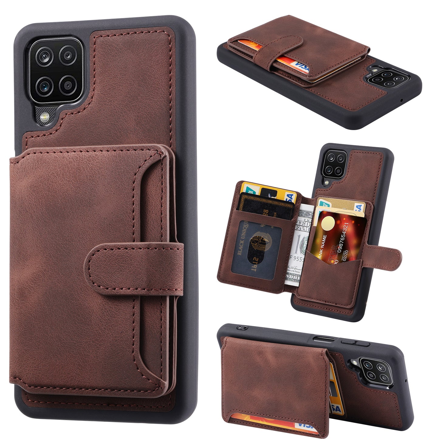 For Samsung Galaxy A12 / M12 RFID Blocking Phone Case Leather Coated TPU Cover with Kickstand Wallet