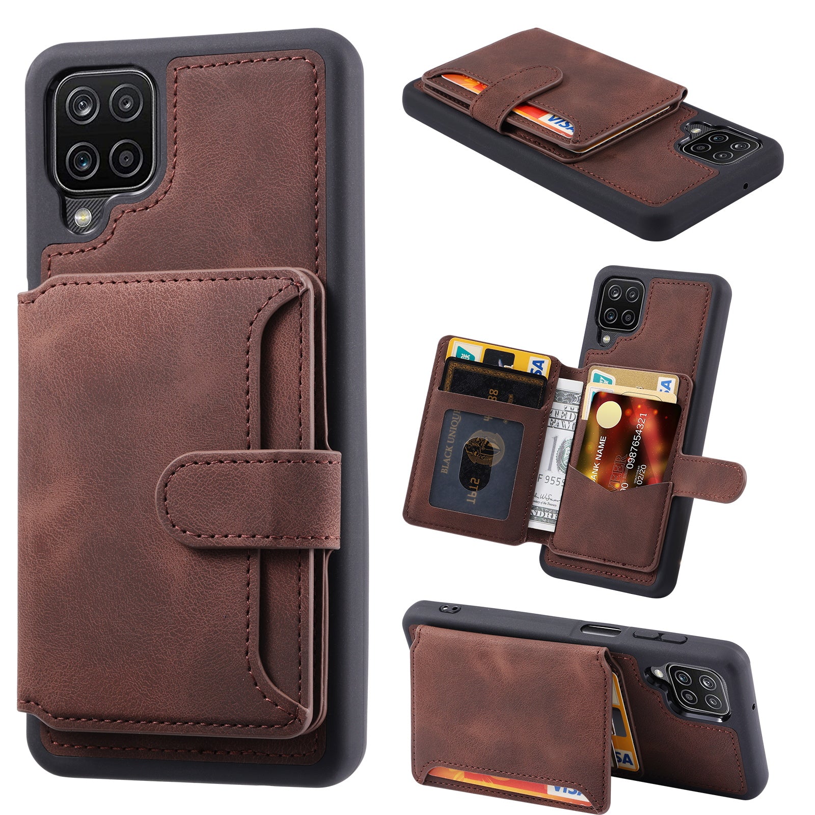 For Samsung Galaxy A12 / M12 RFID Blocking Phone Case Leather Coated TPU Cover with Kickstand Wallet