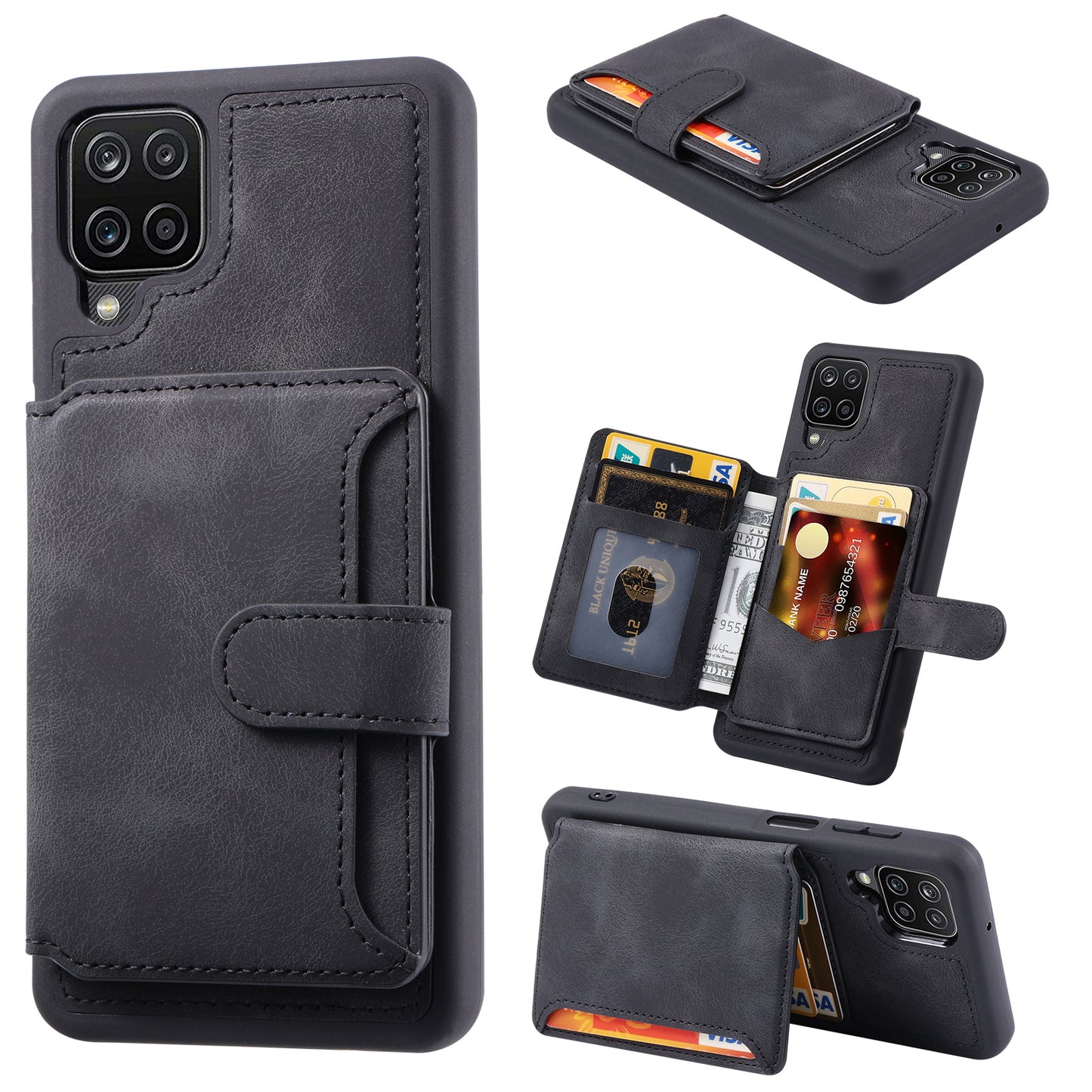 For Samsung Galaxy A12 / M12 RFID Blocking Phone Case Leather Coated TPU Cover with Kickstand Wallet