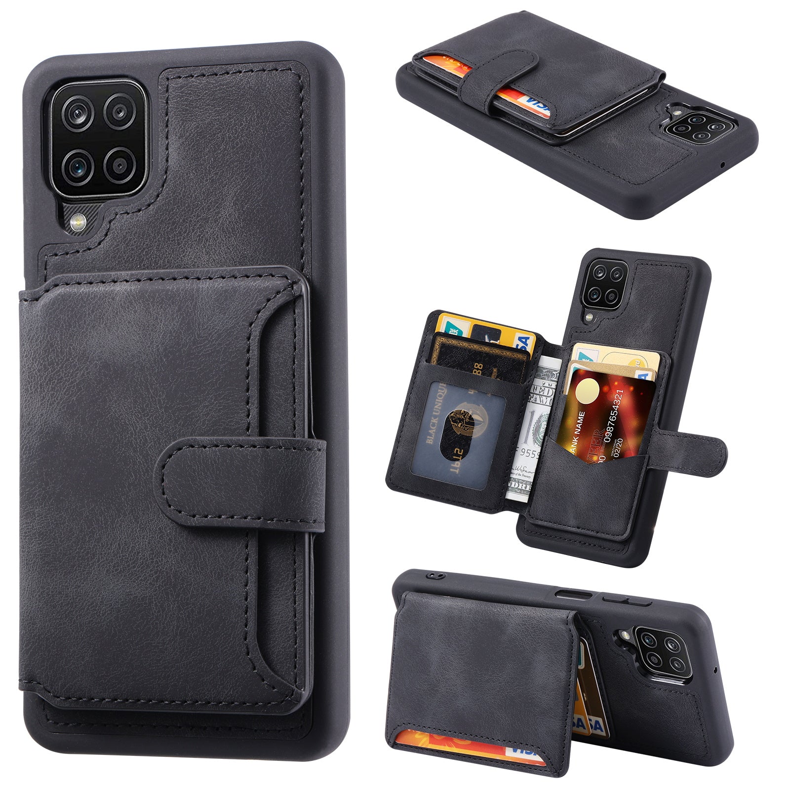 For Samsung Galaxy A12 / M12 RFID Blocking Phone Case Leather Coated TPU Cover with Kickstand Wallet