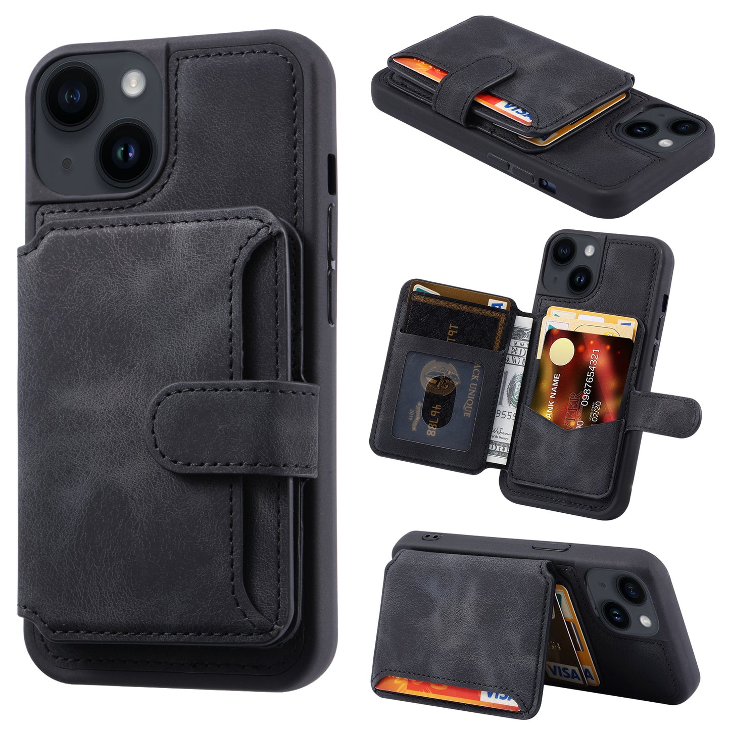 RFID Blocking Phone Case for iPhone 13 , Wallet Kickstand Leather Coated TPU Back Cover