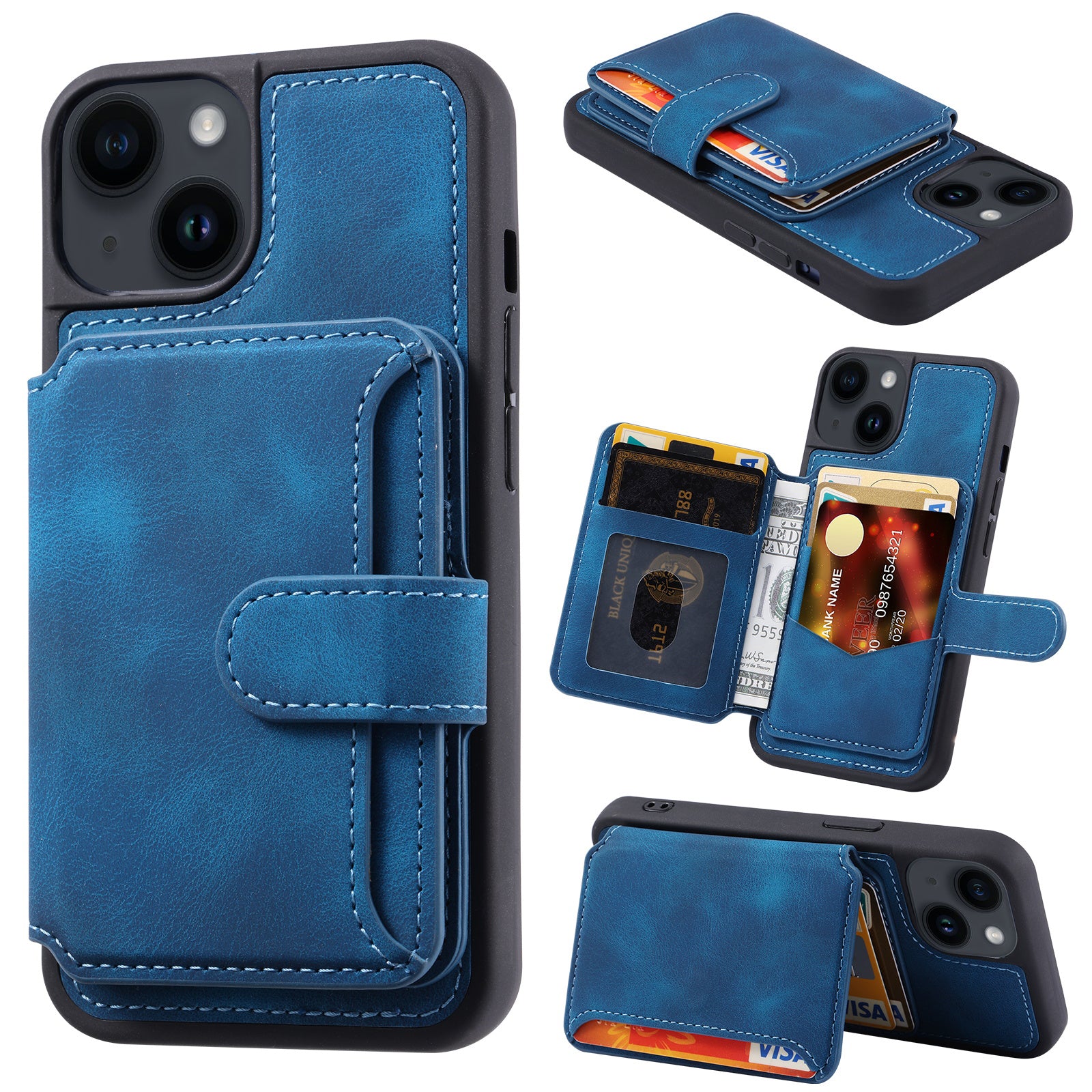 RFID Blocking Phone Case for iPhone 13 , Wallet Kickstand Leather Coated TPU Back Cover