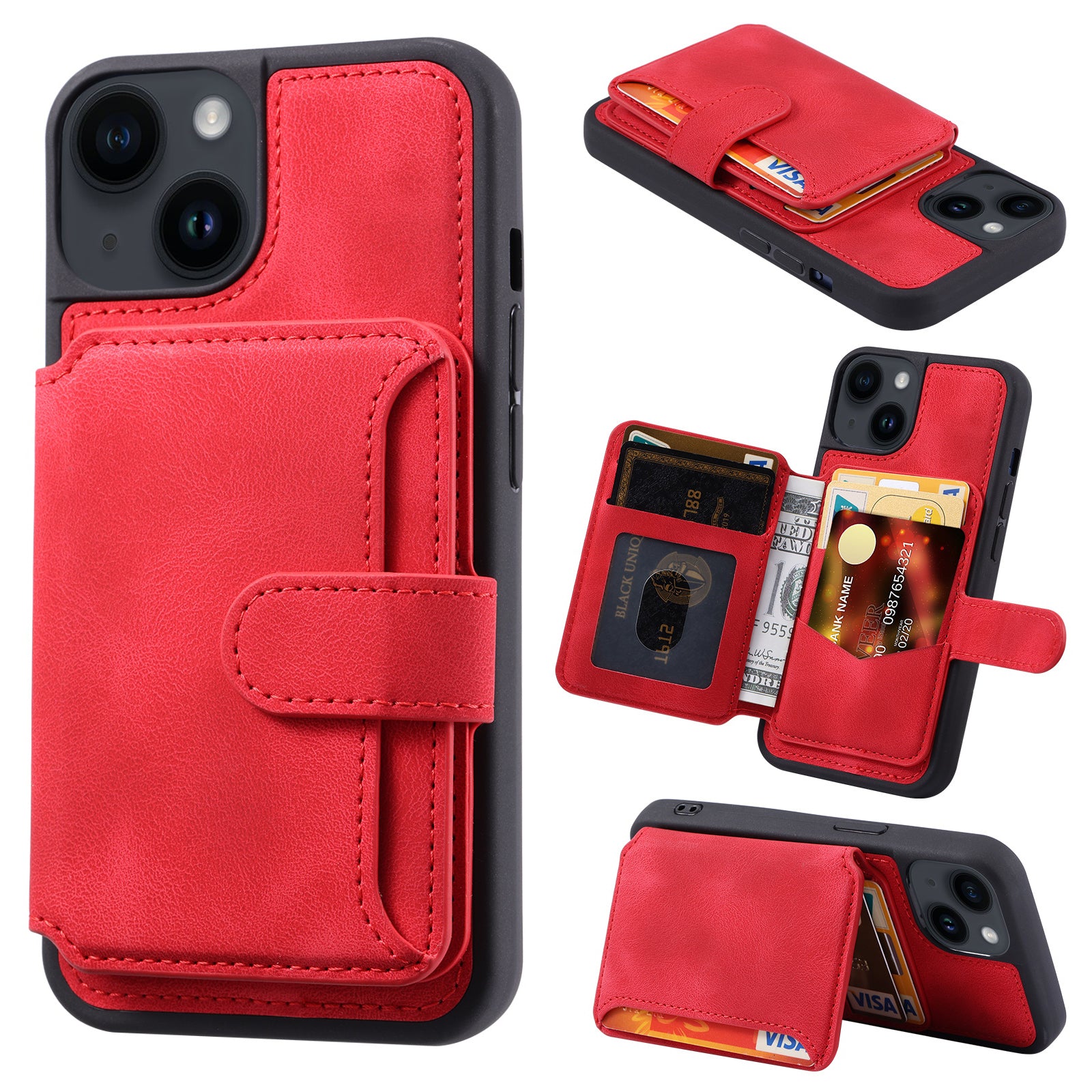 RFID Blocking Phone Case for iPhone 13 , Wallet Kickstand Leather Coated TPU Back Cover