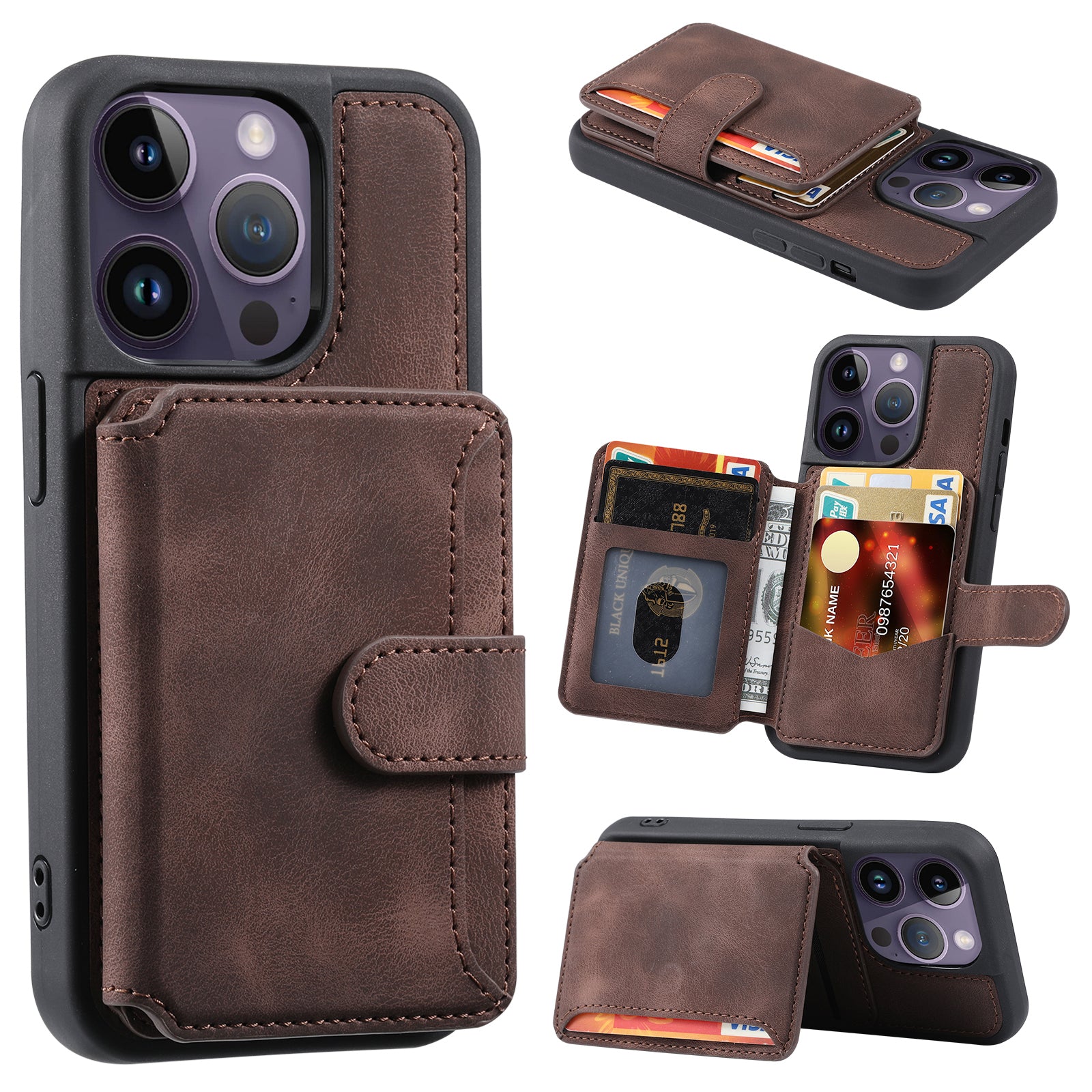 For iPhone 13 Pro RFID Blocking Phone Case Leather Coated TPU Cover with Wallet Kickstand