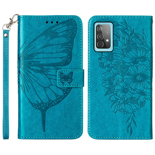 YB Imprinting Series-4 For Samsung Galaxy A52 4G / 5G / A52s 5G Butterfly Flower Imprinted PU Leather Stand Wallet Phone Case with Hand Strap