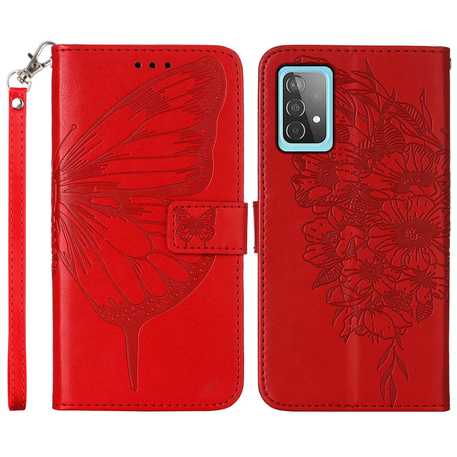 YB Imprinting Series-4 For Samsung Galaxy A52 4G / 5G / A52s 5G Butterfly Flower Imprinted PU Leather Stand Wallet Phone Case with Hand Strap