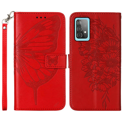 YB Imprinting Series-4 For Samsung Galaxy A52 4G / 5G / A52s 5G Butterfly Flower Imprinted PU Leather Stand Wallet Phone Case with Hand Strap